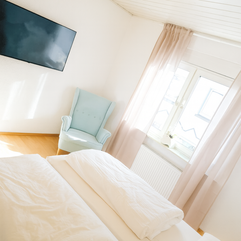 Frisch bezogene Betten mit Sessel und Smart TV im Schlafzimmer Ferienhaus
